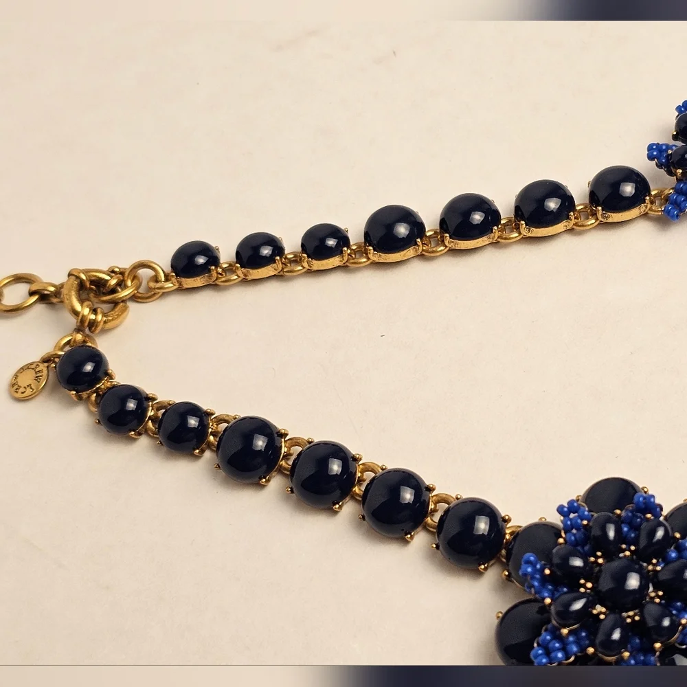 [J. CREW] Gardenia Blue Beaded Chunky Statment Floral Asymmetrical Necklace